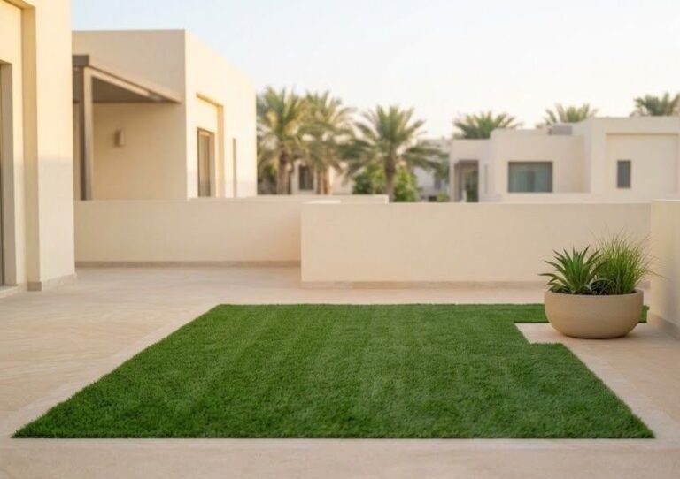 Artificial lawn beside a paved patio