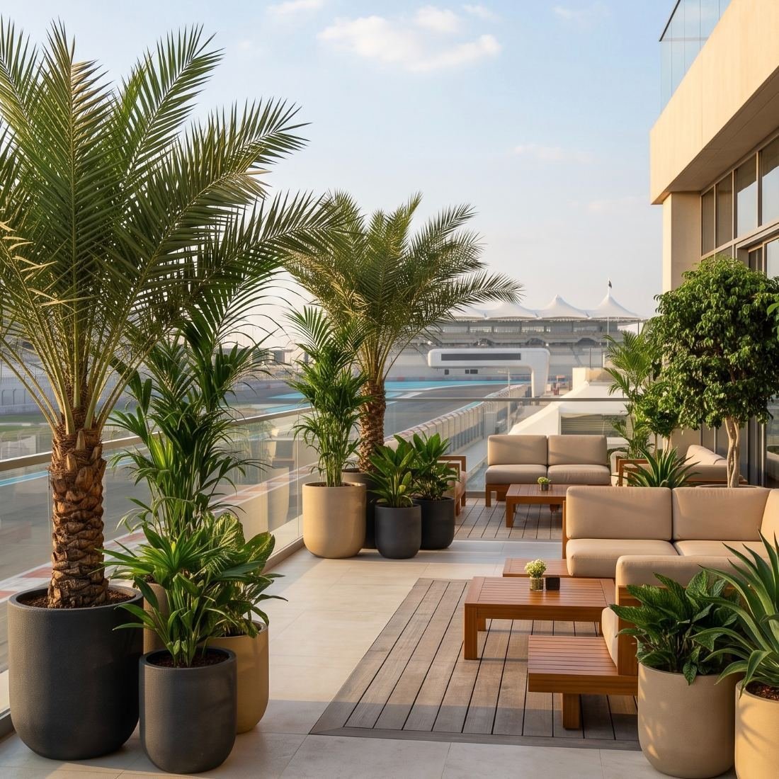 Potted plants arranged in an outdoor hospitality space