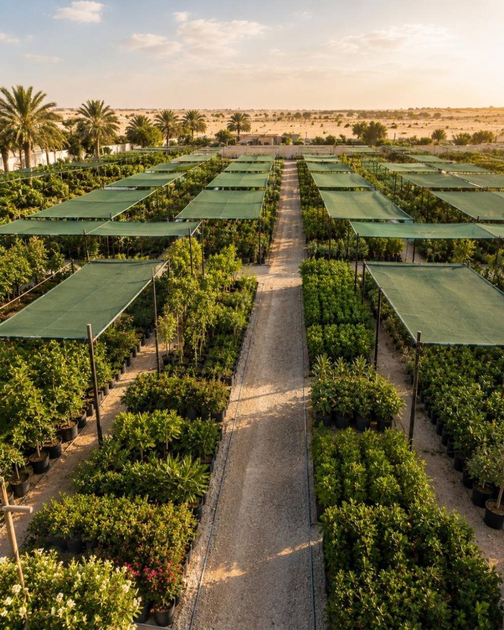 Rows of plants in an outdoor nursery