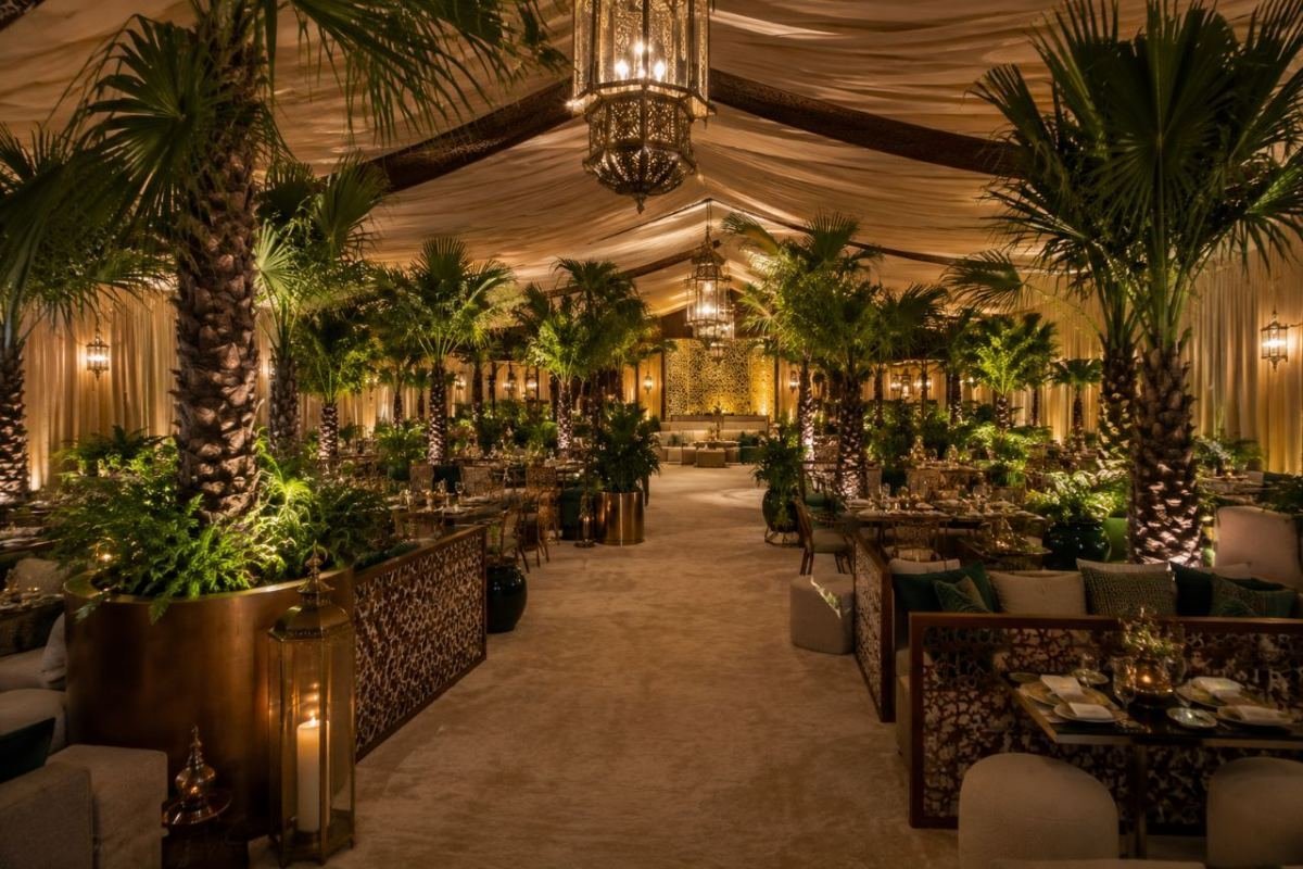 Plants arranged around an event tent