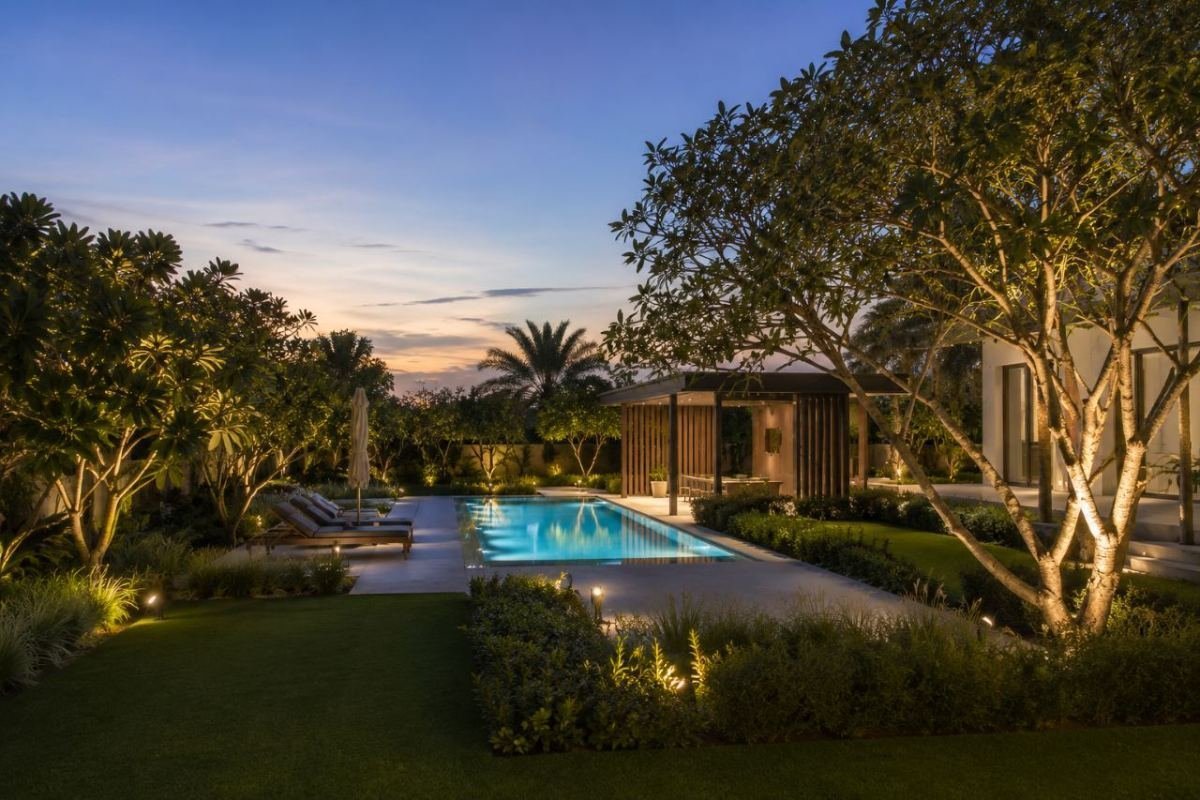 Landscaped villa garden with lawn and planting