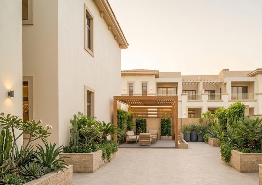 Villa courtyard with pergola and outdoor lighting