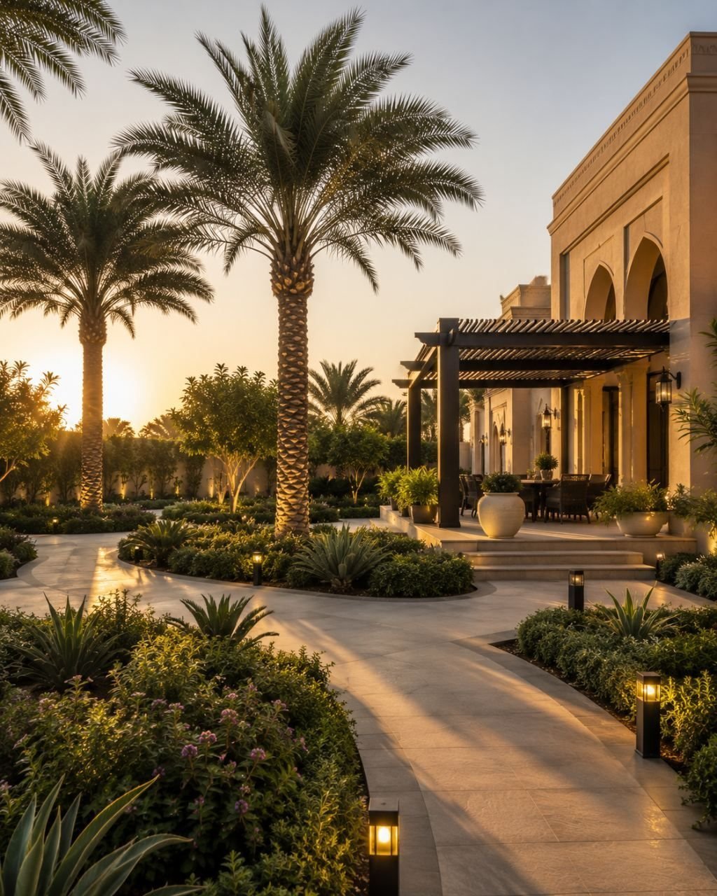 Villa garden with palms, planting and a paved path