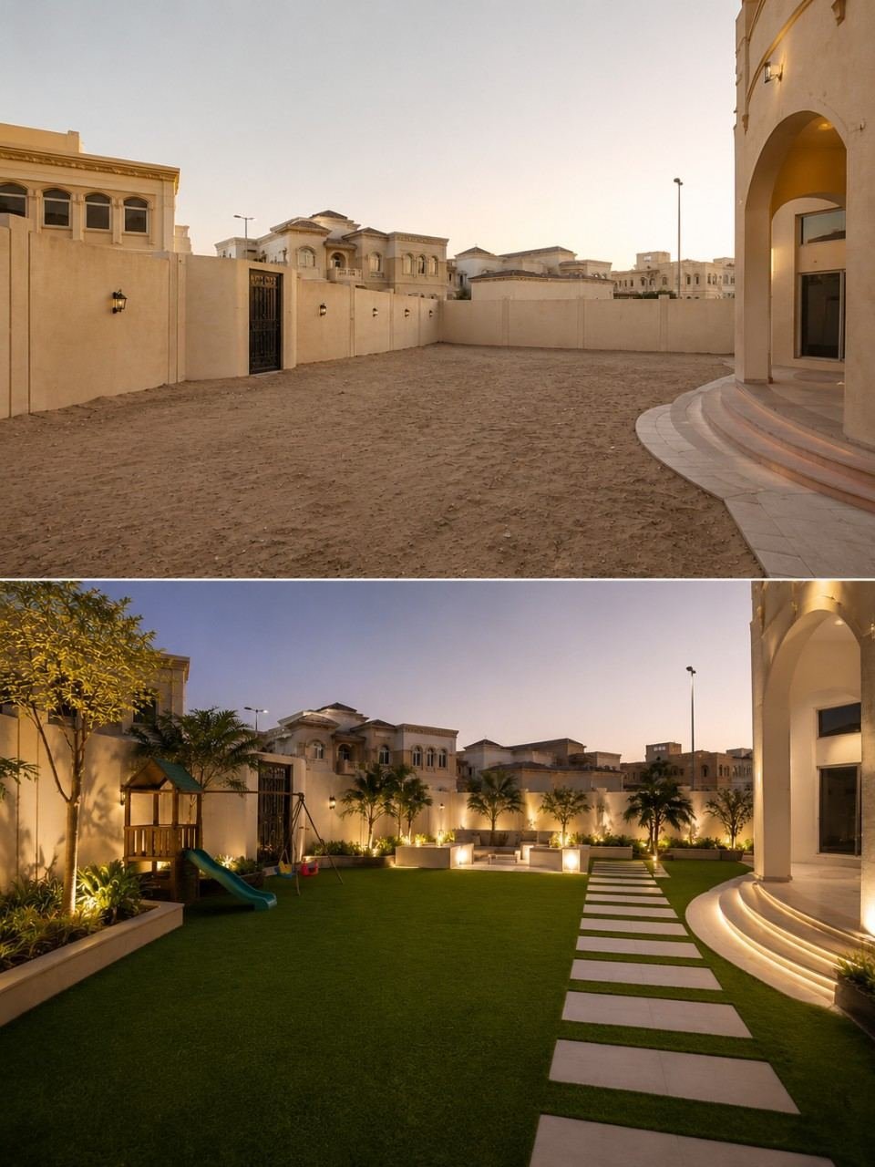 Garden transformation showing before and after landscaping