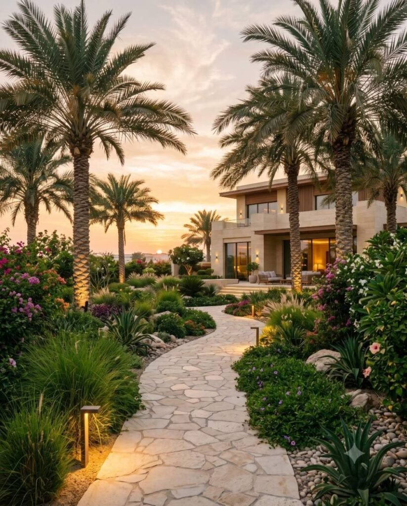 Villa landscape with garden planting and pathways